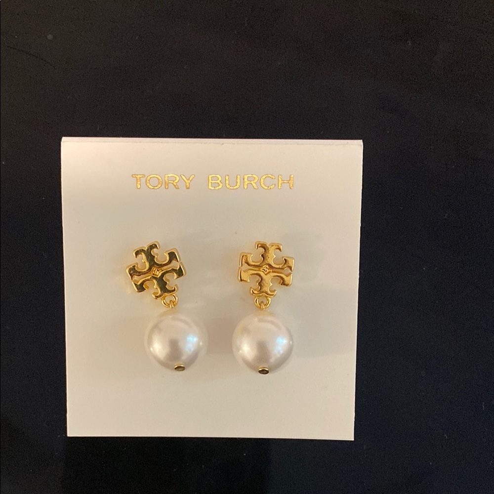 Tory Burch Gold and White Enamel Hoop Earrings